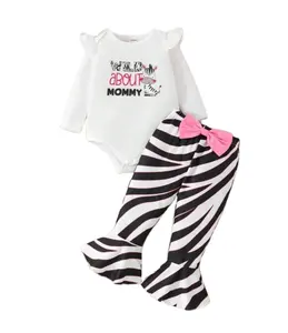 Baju monyet bayi perempuan, Romper cetakan pola kartun Zebra, celana bawah bel dan bandana 3 potong/set