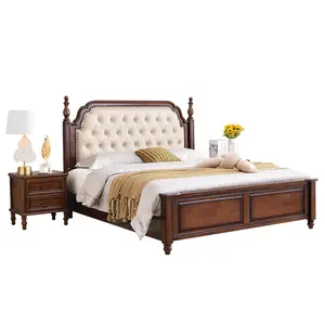 Cama de madeira maciça luxuosa do estilo europeu cama simples moderna do couro king size para a mobília home