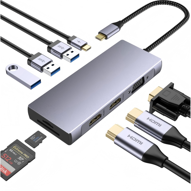 QGeeM USB C Docking Station 9-in-1 Multiport Adapter Dual 4K30Hz H DMI VGA 1080P60Hz 3x USB3.0 100W PD SD/TF Reader for Laptops
