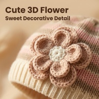 Gorro de Invierno para Bebé de Punto Suave 100% Algodón - Patrón a Cuadros - Detalle de Flor Cosido a Mano en 3D - Diseño Dibujado a Mano - Gorro de Ganchillo Ajustable