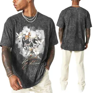 2024 Groothandel Heren Katoen Hiphop T-Shirt Anime Bedrukt Bulk Oversized Zuur Gewassen Zwart Vintage T-Shirt