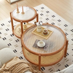 Wabi Sabi Style Japanese Solid Wood Rattan Coffee <b>Table</b> <b>Round</b> Nesting Living Room Sofa <b>Side</b> <b>Table</b> Natural Wood Color - Product Image 1