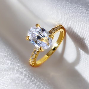Women's 18K <b>Gold</b> Plated Oval Cubic Zirconia Engagement <b>Ring</b> Prong Setting Classic Style Alloy Jewelry - Product Image 1