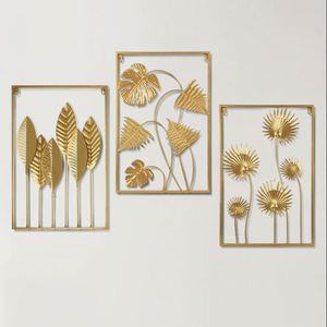 Wholesale Metal <b>Leaf</b> Wall Decoration Modern Gold Rectangle Hollow Flower Hanging <b>Arts</b> Crafts Decor for Home Living Room - Product Image 1