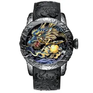 BIDEN 0129 Top Brand Quartz Watch Waterproof Sport Male Clock Black Men Watches Fashion 3D Engraved Dragon Luxury