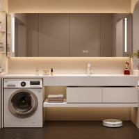 Kabinet Cermin LED Pintar Terintegrasi Laundry, Rak Dinding Kamar Mandi dengan Wastafel Keramik Tunggal Modern 48 Inci ke Atas