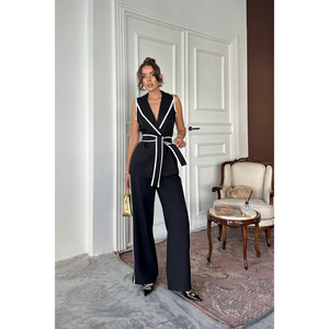 Conjunto Elegante de Pantalones y Chaleco con Detalle de Ribete y Cinturón, Traje de Mezclilla Negro para Mujer, Talla S - Product Image 4