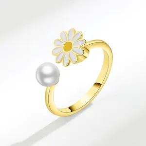 Fashionable Stainless Steel Pearl Flower Open Cuff 18k Gold Plated Anti Anxiety Ring