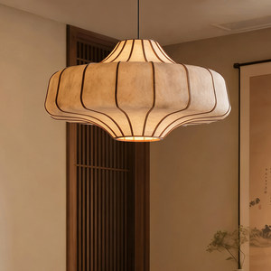 Lustre de style chinois E27 à six têtes, luminaire suspendu rond pour salle à manger, décoration intérieure, éclairage Zen Wabi Sabi - Product Image 3