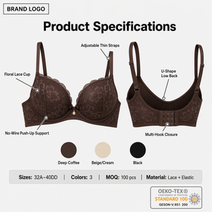 Soutien-gorge push-up sans fil en dentelle florale, marque privée OEM, pour femme, sans couture, dos en U, bretelles réglables, lingerie respirante - Product Image 4