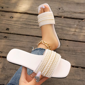 Summer Women S Sexy Pearls Outside Slippers Woman Low Heels Round Toe Lady Pump <b>Shoes</b> - Product Image 1