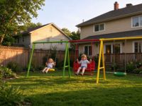 Grand ensemble de balançoires pour enfants, équipement de jeux extérieur, 3 balançoires, structure métallique, siège double pour maternelle, idéal pour parc et jardin