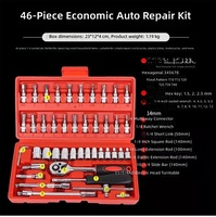 Jeu de clés à douilles de réparation automobile personnalisé de 46 pièces avec poignée à cliquet et rallonges en acier 45, dans une petite boîte, modèle Jg-001