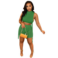 Set atasan dan celana pendek wanita berbahan mesh sheer tanpa lengan, model lace-up, dengan celana dalam aman.