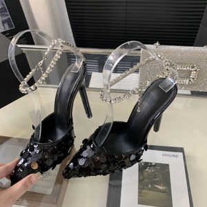 Nouvelles sandales à talon aiguille pointu pour femme, collection Printemps 2024, avec sequins argentés et bout fermé, pour l'extérieur, style mode - Product Image 6