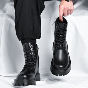 Chaussures pour hommes de style coréen, toutes saisons, pour l'automne et l'hiver, chaussures en cuir rehaussantes, bottes de travail mi-mollet, bottes de moto - Product Image 2