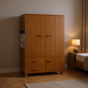 Armadio Rettangolare Medio in Legno di Pino Massiccio Marrone con Ante a Battente e 2 Cassetti, Mobile Indipendente per Camera da Letto - Product Image 2