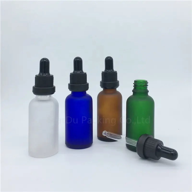 30ml Frosted Amber Clear Blue Green Glasflasche mit schwarzem Deckel Kinder sicherer Tropfer 30cc für Tropf flasche mit ätherischen Ölen