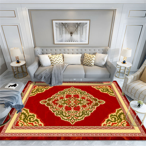 Tapis rectangulaire à motif médaillon traditionnel rouge beige en polypropylène antidérapant pour salon - Product Image 2
