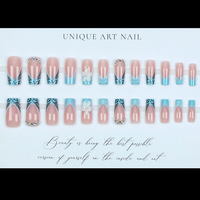 Shimmerz 24 pièces Faux ongles bleus en plastique à presser, longueur moyenne carrée, motif floral 3D avec fleurs et strass, personnalisable