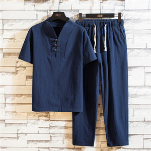 <span class=keywords><strong>2022</strong></span> t-shirt da uomo in lino estivo a maniche corte da uomo in cotone Vintage t-shirt Plus Size + Set di pantaloni corti - Product Image 6