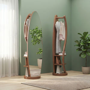 Modern Solid Wood Coat Rack with Mirror <b>Hooks</b> <b>Shelves</b> Freestanding Storage for Bedroom Living Room Furniture - Product Image 4