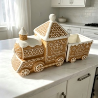 Pot de rangement en céramique à motif de pain d'épices de Noël en relief avec couvercle à nœud rouge 3D, récipient hermétique pour collations, pour la cuisine et la maison festive