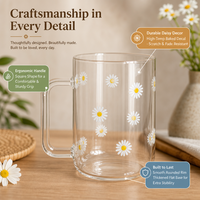 Mug en verre borosilicate à motif floral Daisy avec poignée, résistant à la chaleur, compatible micro-ondes, mug à café sans plomb, tasse en verre esthétique et mignonne