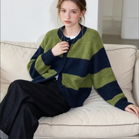 Cardigan en tricot rayé vert marine rétro pour femme, col rond ample, pull épais, manteau décontracté automne-hiver, personnalisable