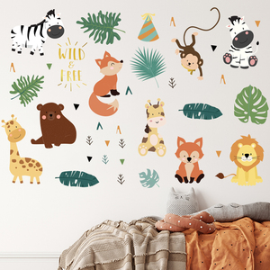 Pegatina de pared de animales del bosque para sala de estar, papel tapiz autoadhesivo de dibujos animados de zorro, mono, León, para dormitorio - Product Image 6