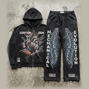 Distressed OEM Custom Print Worn Out Digital Printing Vintage 400 GSM Heavyweight Boxy Oversized Men's Hoodie Two-piece Set - Product Image 1