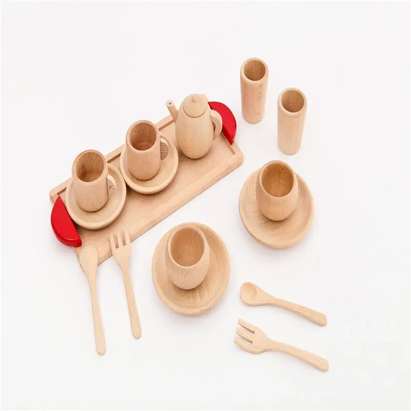 Juego de utensilios de cocina de madera maciza para niños, mini vajilla de madera de haya, regalo