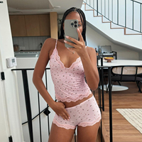 Ensemble 2 pièces personnalisé avec logo, débardeur rose en maille dentelle florale col en V sans manches et short taille normale, écologique et respirant, collection Printemps/Été