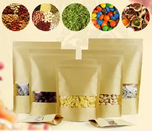 Stock Available Food Grade Stand Up Pouch Brown / White Resealable Kraft Paper Bags With Window For Food Packaging Bags