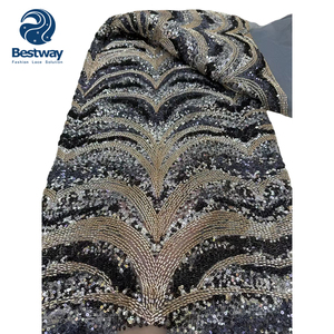 Bestway Thêu Màu Đen Ren Vải Hạt Với <span class=keywords><strong>Sequins</strong></span> Châu Phi Ren Thêu Lưới Ren Vải Cho Đảng - Product Image 1
