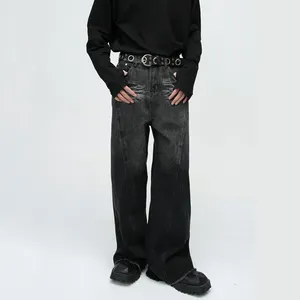 AeeDenim Jeans streetwear à boutons, style vague personnalisé, coupe ample, évasé, jambes larges empilées, jean vintage délavé en denim lourd
