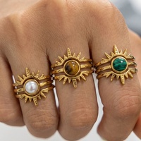 Sunburst Breiter Statement-Ring mit Naturperle, Tigerauge und Malachit, 18K Vergoldeter Edelstahl, Böhmischer Heilschmuck