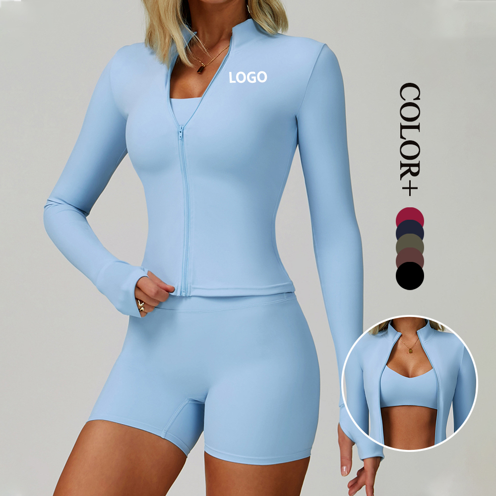 Custom High Elastic Stand Collar Long Sleeve Gym Tops Fitness Suit Zip Women Yoga Jacket Outdoor Running Sports Wear Plus Size