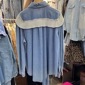 GX-2026 Nuova Camicetta in Denim <span class=keywords><strong>Blu</strong></span> Stile Francese con Sovrapposizione in <span class=keywords><strong>Pizzo</strong></span> - Camicetta Elegante - Product Image 4