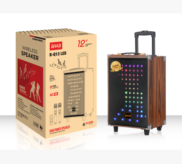 B-Q12 LED Trolley Speaker 12 Inch Woofer Rechargeable Battery 2 Wireless Microphones for Outdoor Use Factory Direct Sales