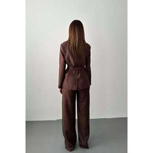 Conjunto de Chaqueta y Pantalones Marrones con Cinturón para Mujer, Traje Brillante al por Mayor - Product Image 1