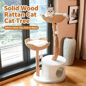 Arbre à chat en bois naturel massif avec structure tressée, nid pour chat intégré au sol, adapté aux chats petits et grands. - Product Image 4