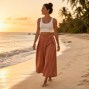 <span class=keywords><strong>Pantaloni</strong></span> Larghi da <span class=keywords><strong>Donna</strong></span> a Vita Alta in Lino <span class=keywords><strong>con</strong></span> Cintura Incrociata Origami, Culotte Corti, Pieghe Profonde, <span class=keywords><strong>Elastico</strong></span> Posteriore - Product Image 2