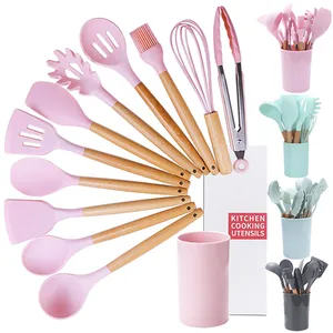 J108 Customized BPA Free Wood Handle 9/12 Pieces In 1 Kitchen Accessories Cooking Tools Sets Silicone Kitchenware Utensil Sets
