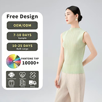 Atasan Lipit Warna Hijau Mint Tanpa Lengan Kerah Mandarin Model Tank Top Basic Elegan Ramping Serbaguna Kasual Wanita