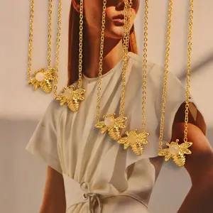 Simple 18K Gold Plated Titanium Steel Women Cute Animal Honeybee Opal Pendant Necklace