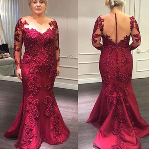 Robes de soirée formelles à manches longues avec appliques en dentelle et effet illusion, magnifiques robes de mariée ou de <span class=keywords><strong>mère</strong></span> de la mariée rouge bordeaux - Product Image 2