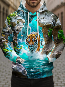 เสื้อสเวตเชิ้ตมีฮู้ดสำหรับ<span class=keywords><strong>ผู้ชาย</strong></span>สไตล์โมเดิร์นสำหรับฤดูใบไม้ผลิ-ฤดูใบไม้ร่วง - วัสดุน้ำหนักเบา พิมพ์ลายเสือและสีเขียวน้ำ ชุดลำลองสุดอินเทรนด์ - Product Image 1