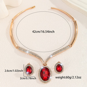 European and American Hot Sale Gold Zinc Alloy Inlaid <b>White</b> Rhinestone Red Crystal Necklace Earrings Set Women Jewelry - Product Image 2