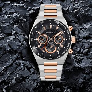 Montre pour homme Besseron personnalisée de haute qualité avec mouvement VK63, noir et or rose, multifonctionnelle, pour cadeau d'affaires - Product Image 1